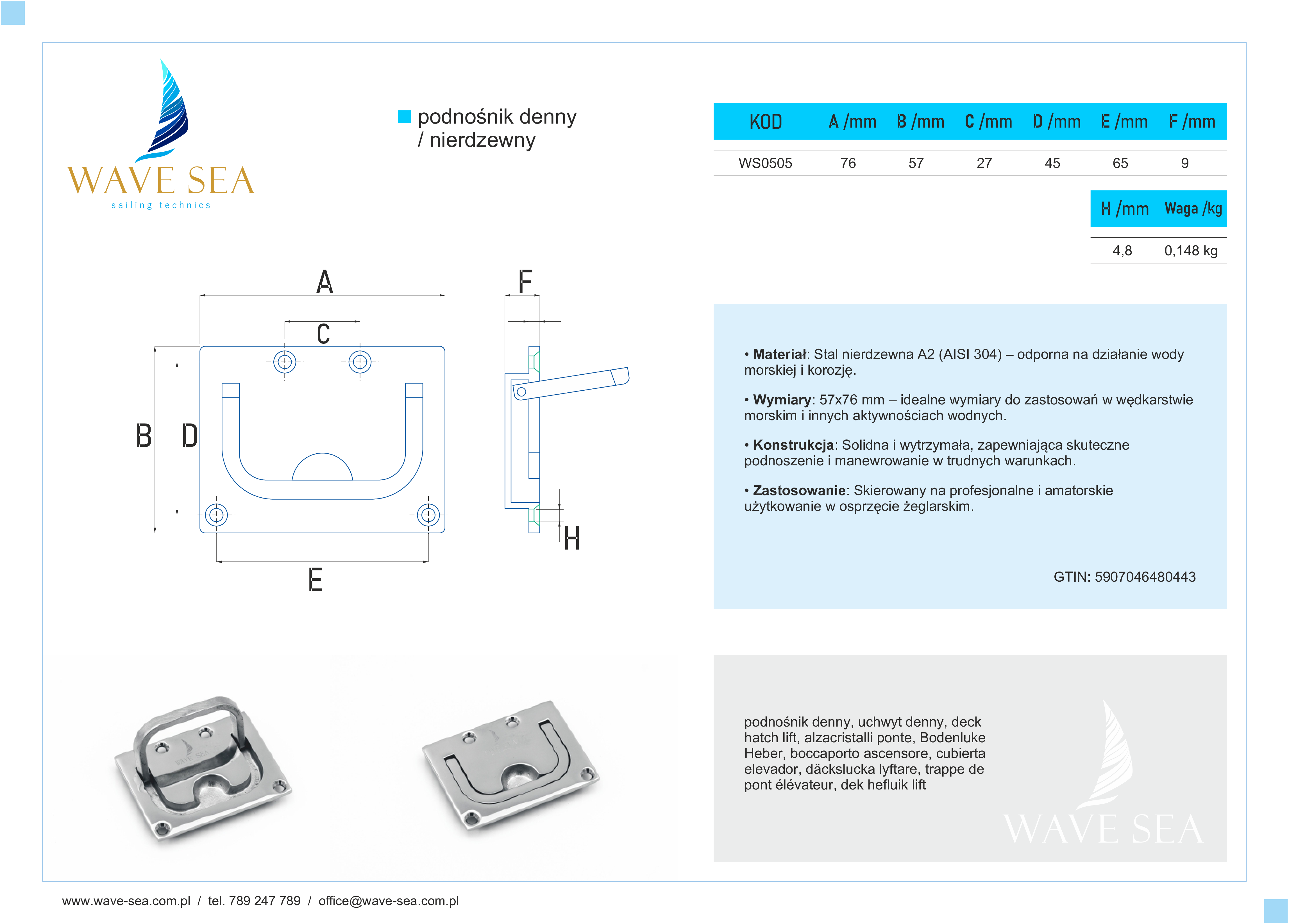 Podnośnik denny nierdzewny A2 57×76 mm karta techniczna