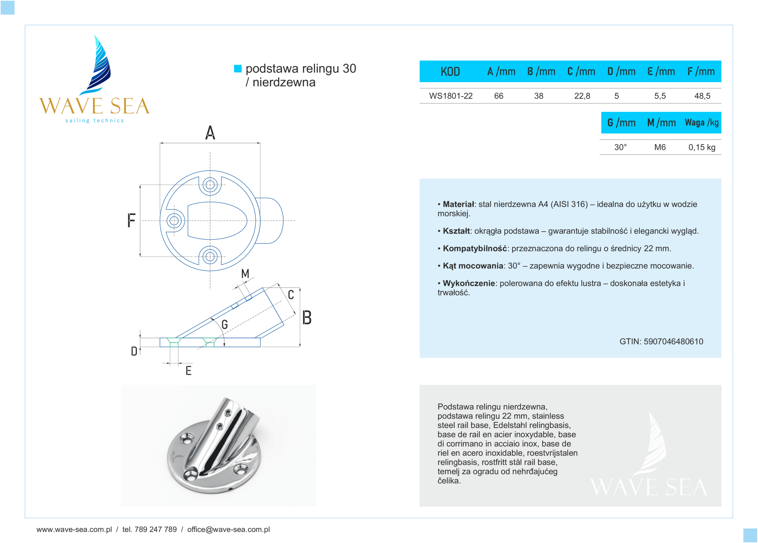 Podstawa relingu nierdzewna okrągła 22mm. 30° karta techniczna