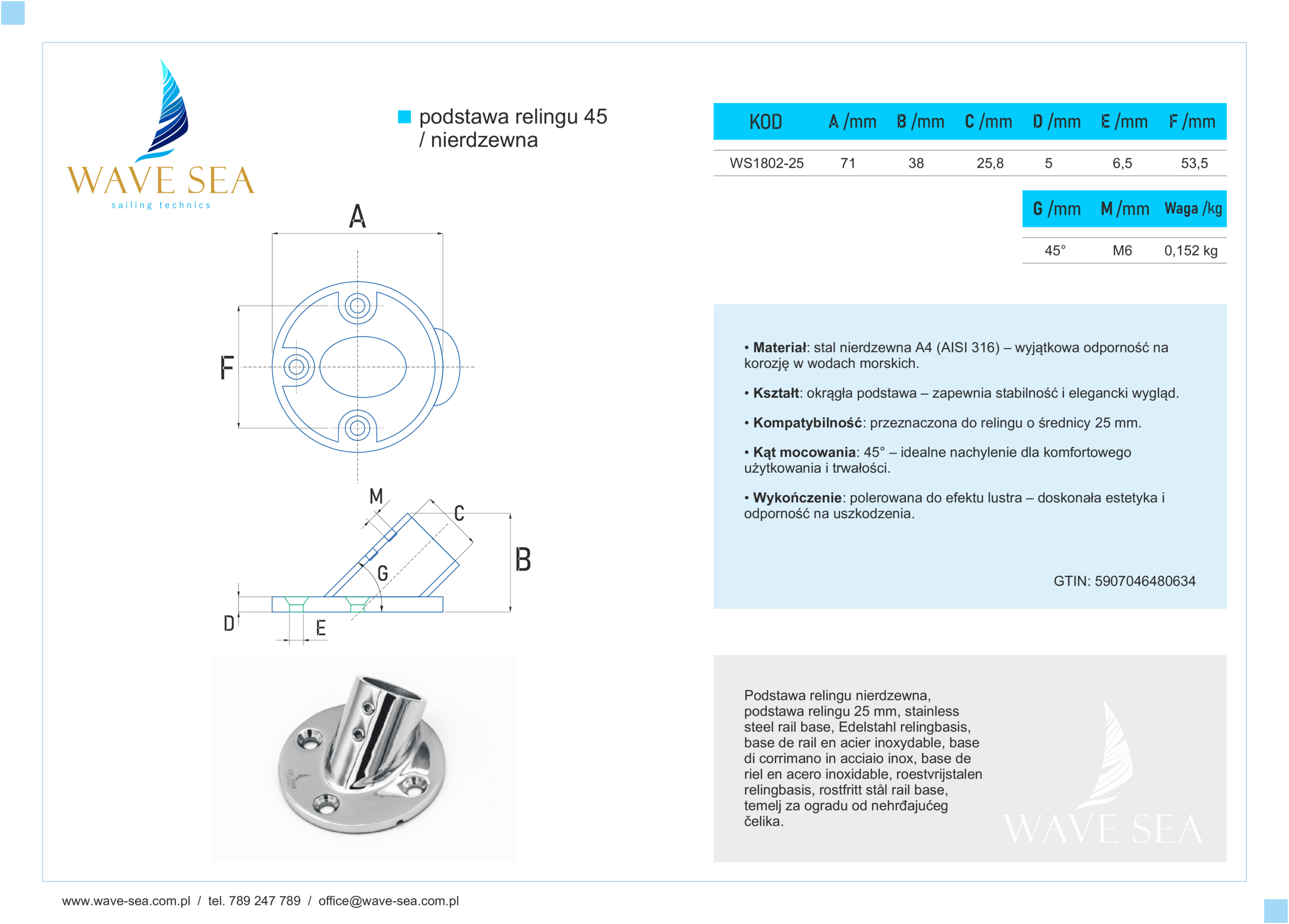 Podstawa relingu nierdzewna okrągła 25mm. 45° karta techniczna