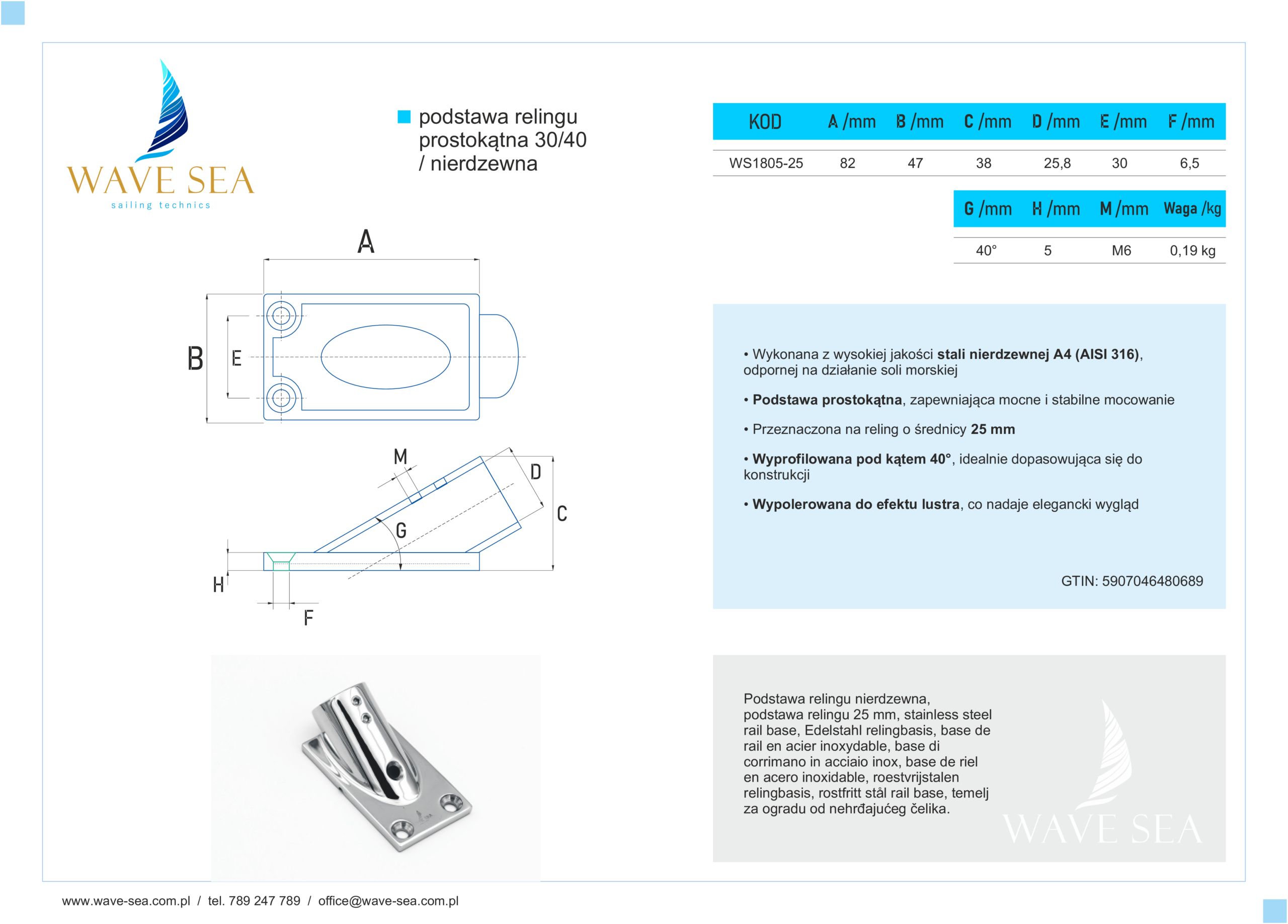 Podstawa relingu nierdzewna prostokątna 25mm. 40° karta techniczna