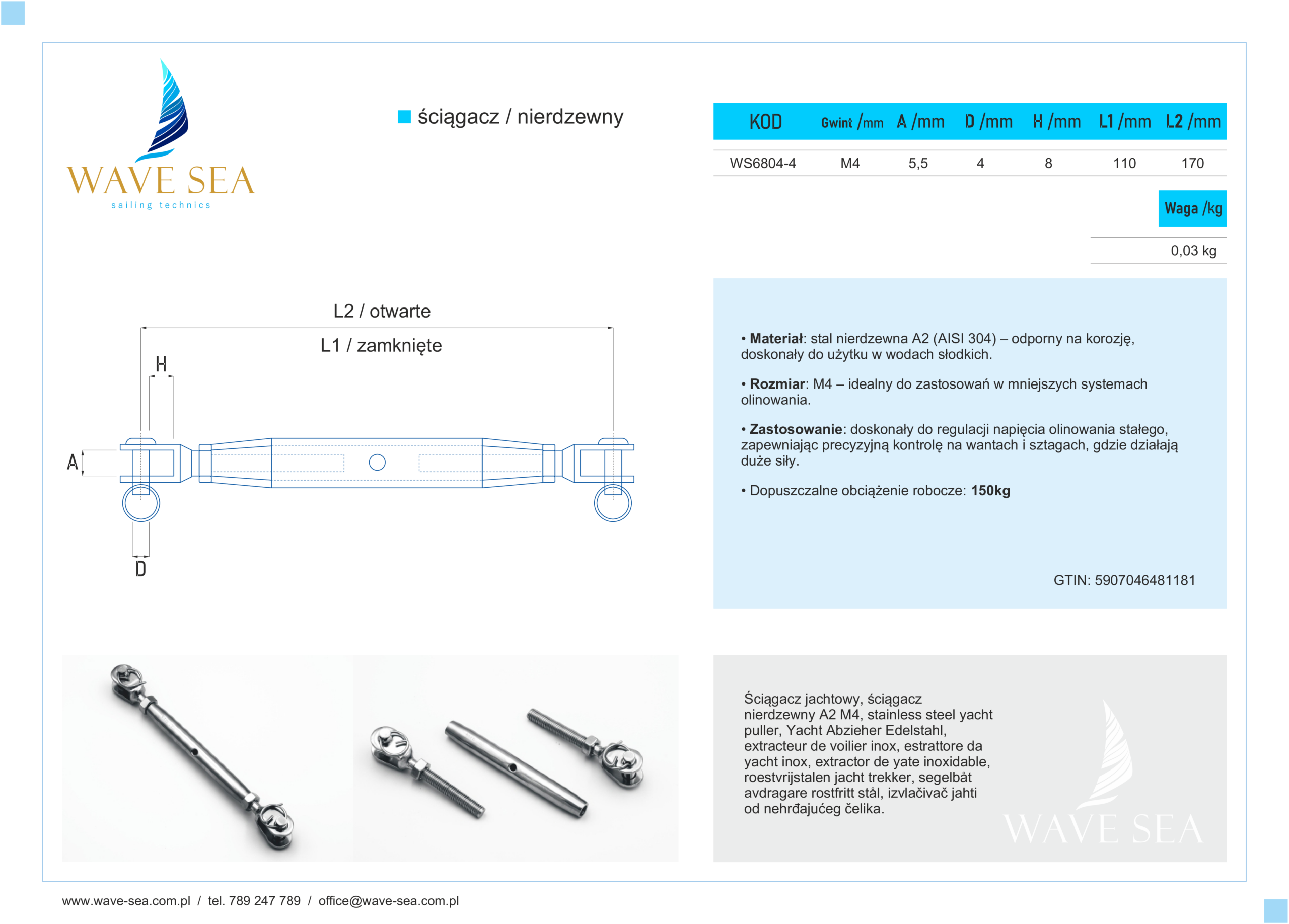 Ściągacz jachtowy nierdzewny A2 M4 karta techniczna