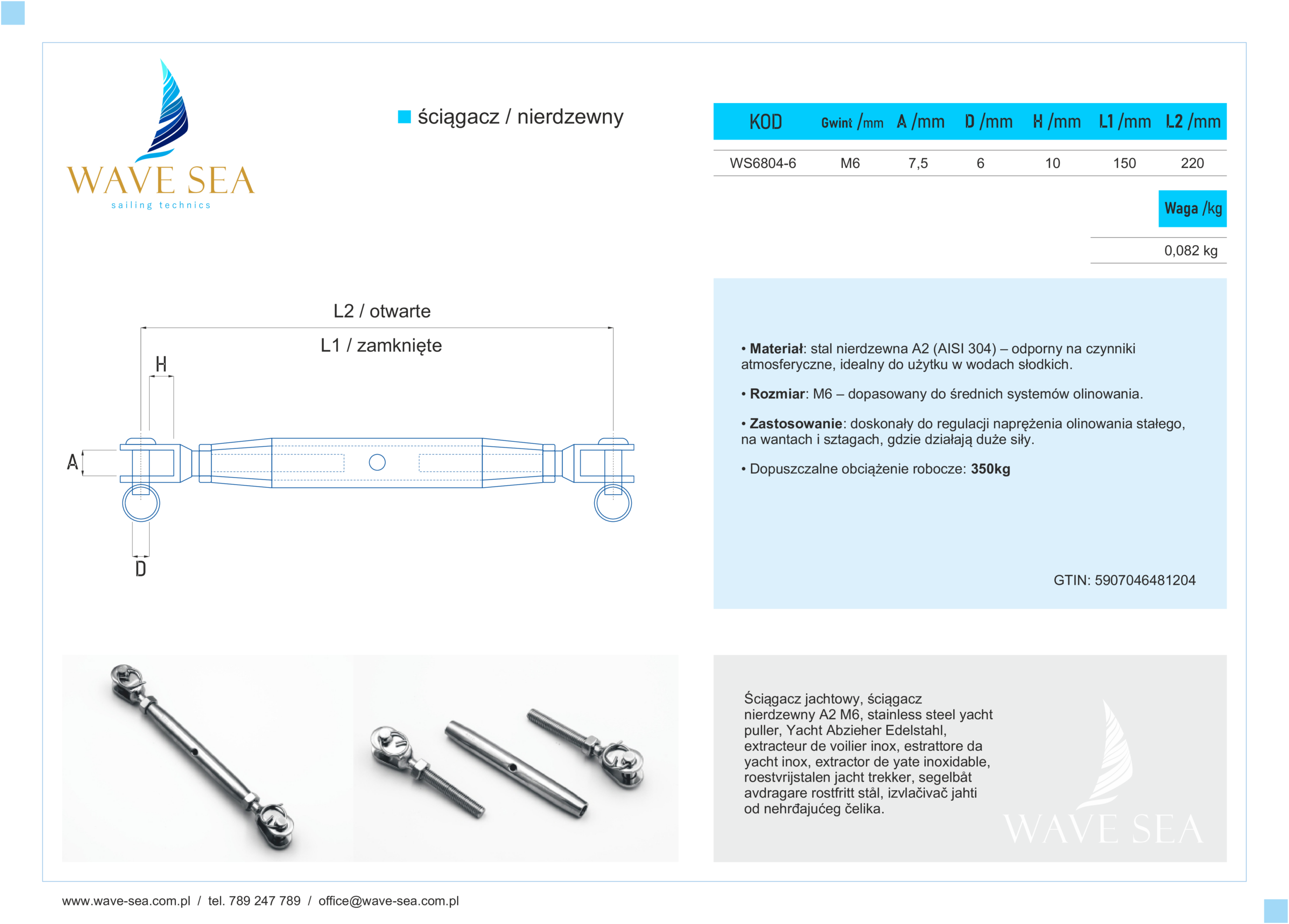 Ściągacz jachtowy nierdzewny A2 M6 karta techniczna