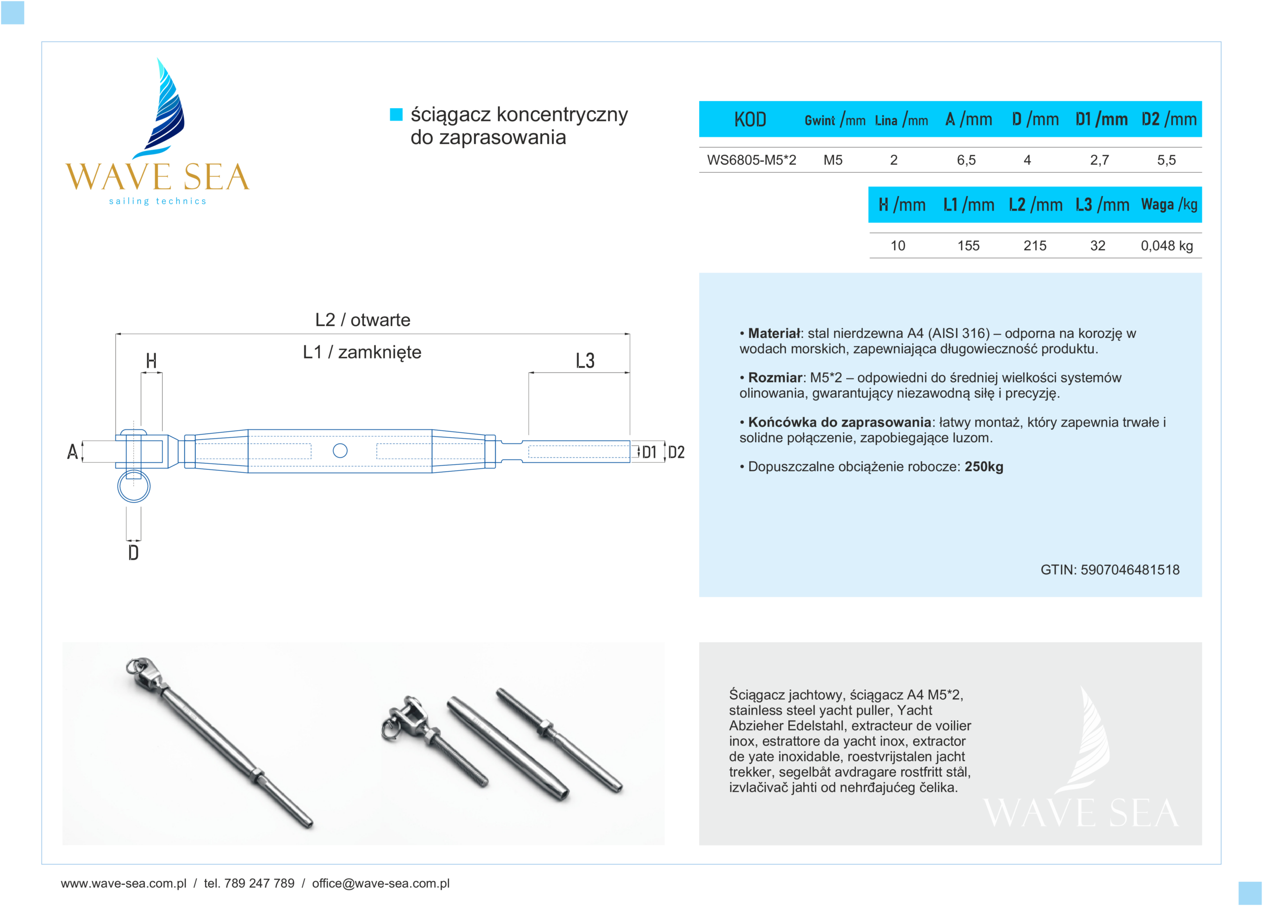 Ściągacz jachtowy z końcówką do zaprasowania A4 M5 2 karta techniczna