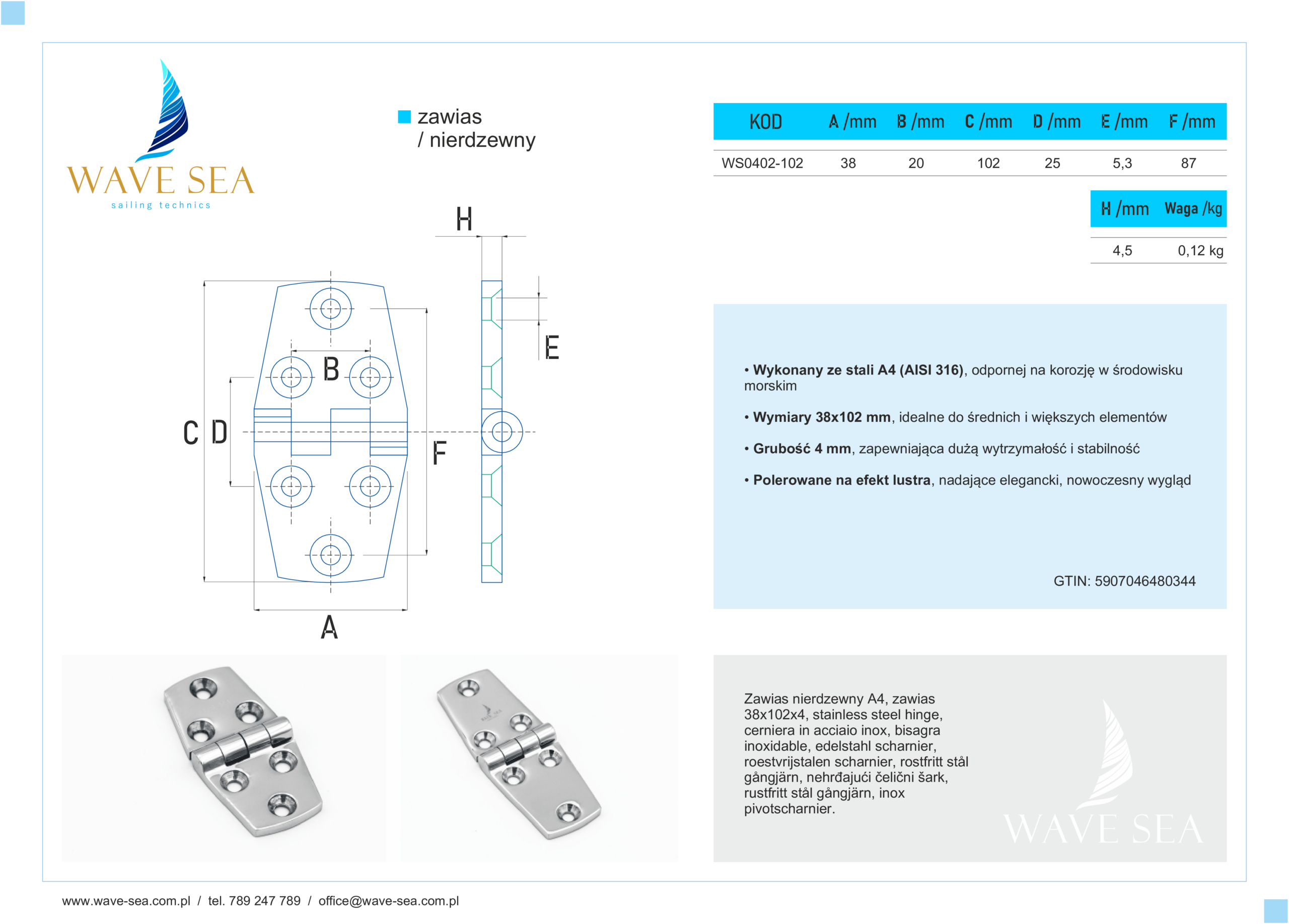 Zawias nierdzewny A4 – 38x102x4 karta techniczna