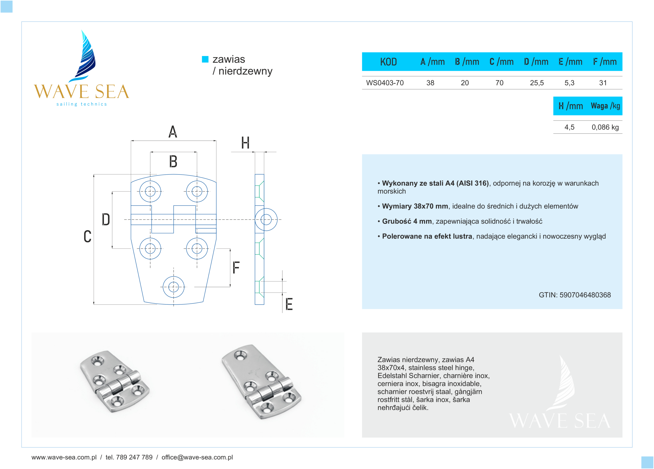 Zawias nierdzewny A4 – 38x70x4 karta techniczna