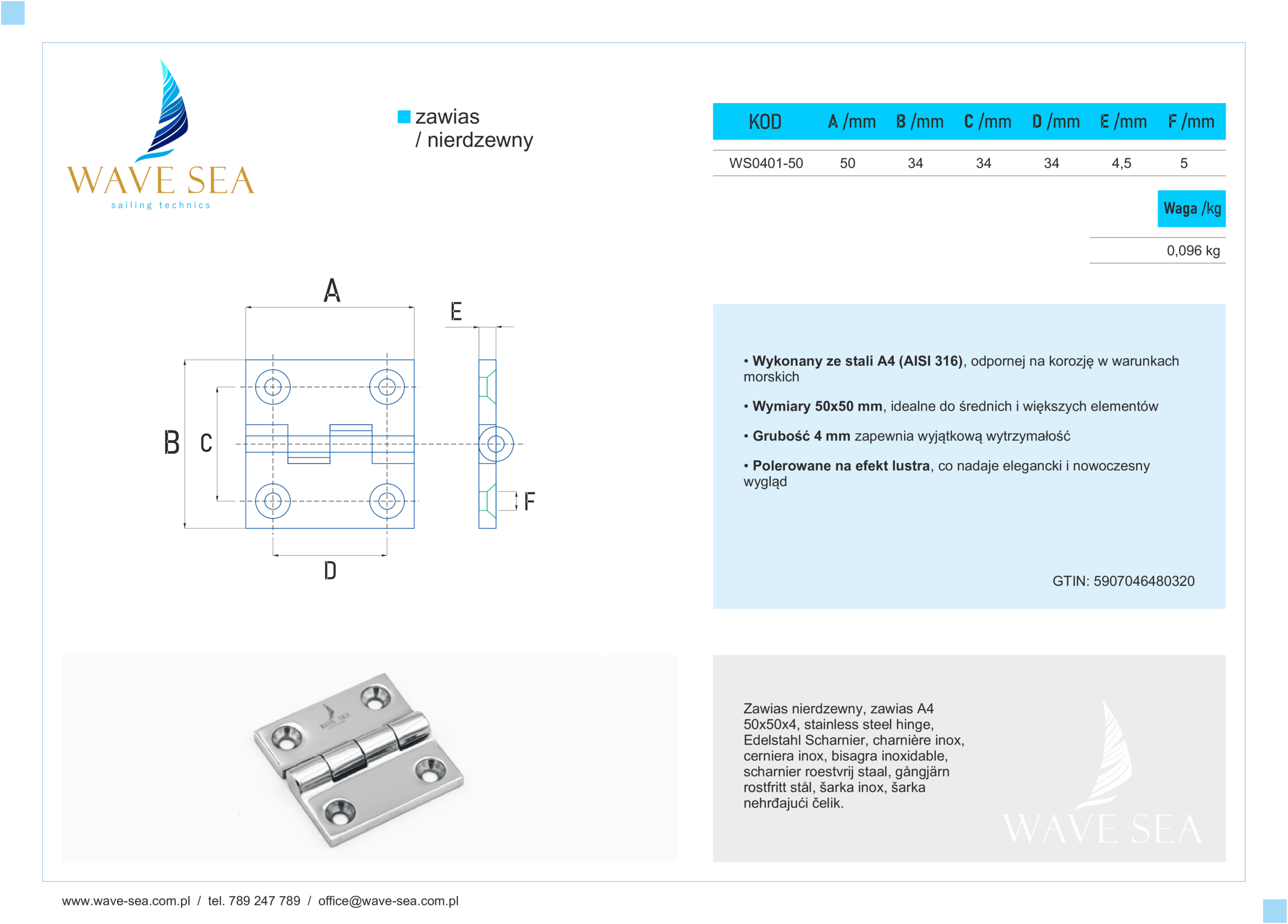 Zawias nierdzewny A4 – 50x50x4 karta techniczna