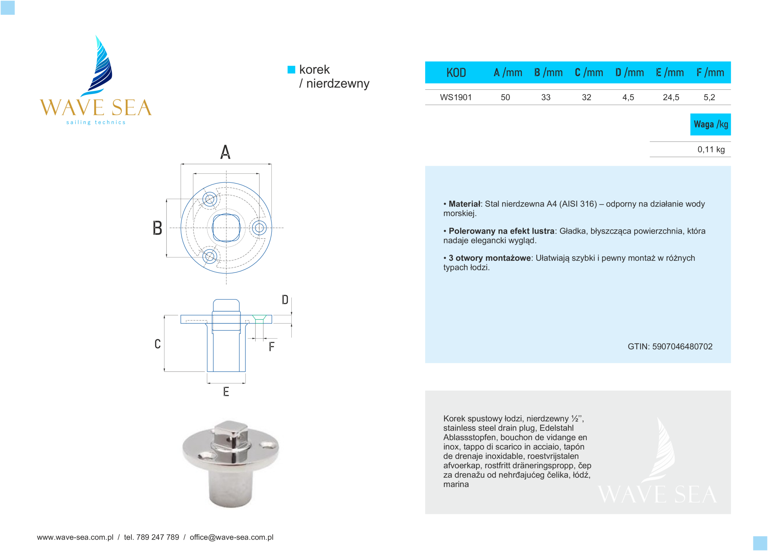 Korek spustowy łodzi nierdzewny ½ ‘’ karta techniczna